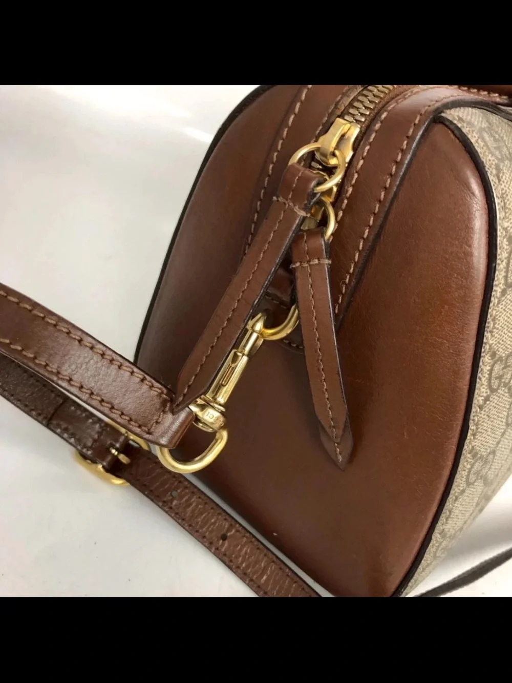 Gucci Beige GG Canvas Satchel with Brown Leather Trim